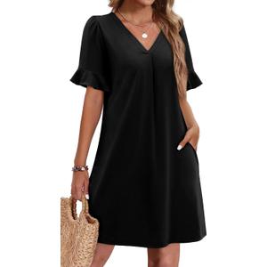 OFEEFAN Summer Dresses for Women Ruffle Short Sleeve V Neck Casual Shift Dress with Pockets (Black, S)
