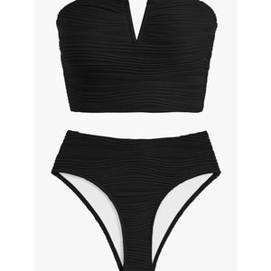 ZAFUL Womens Bandeau Bikini Set Strapless Textured Two Piece Lace up Bathing Suits High Waisted V-Neck Swimsuits Size M ZAFUL Womens Bandeau Bikini Set Strapless Textured Two Piece Lace up Bathing Suits High Waisted V-Neck Swimsuits Size M