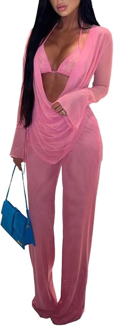 EDITCOZY Women Mesh Sheer 3pcs Outfits Long Sleeve Top Long Pant Bikini Cover Up (XX-Large, Pink)