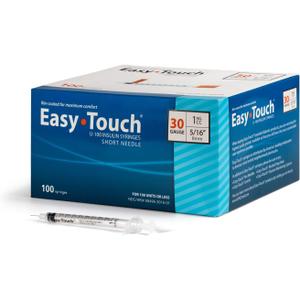 Easy Touch U-100 Insulin Syringe with Needle, 30G 1cc 5/16-Inch (8mm), Box of 100