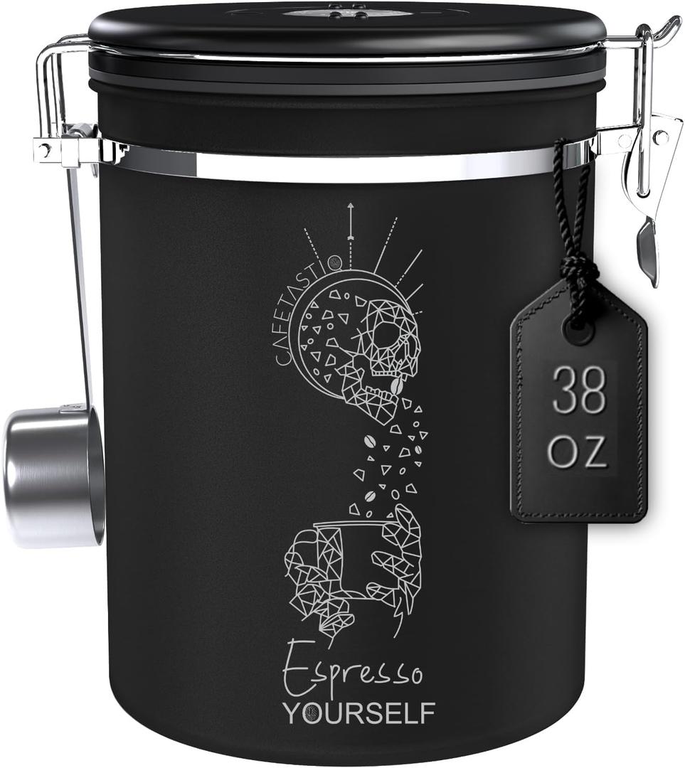 Large Coffee Canister  Airtight Stainless Steel Storage Container with Date Tracker & Scoop, Sealed Jar for Grounds, Beans, Tea, Flour, Cereal, and Sugar (Black Esspresso, 38OZ)