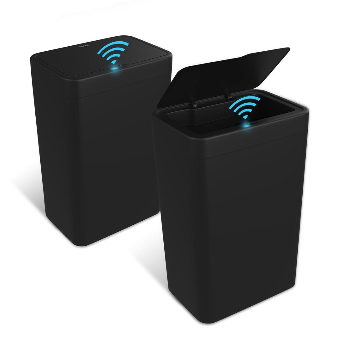 Naisu 2 Pack 4 Gal Bathroom Trash Can with Lid,Automatic Garbage Can with Touchless and Sealed Design,Slim Motion Sensor Waterproof Plastic Trash Bin Suitable for Bedrooms,Bathrooms,Kitchens,Black