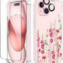 GVIEWIN for iPhone 15 Plus Case Floral, with Screen Protector&Camera Lens Protector,[Non Yellowing] Soft Shockproof Clear Phone Protective Cover for Women, Flower Pattern Design 6.7" (Alcea/Red)