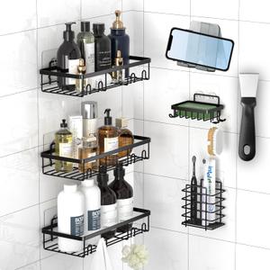 Rustproof Shower Caddy 7-Pack, Adhesive Shower Shelves with Phone Holder, No Drilling Inside Shower Organizer, Large Capacity Wall-Mounted Bathroom Essential, Removable RV Shower Storage