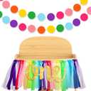 Rainbow High Chair Banner for 1st Birthday Decoration - Highchair Tutu Skirt With 1 Pennant and 2 Colorful Round Paper Banners - Party Supplies
