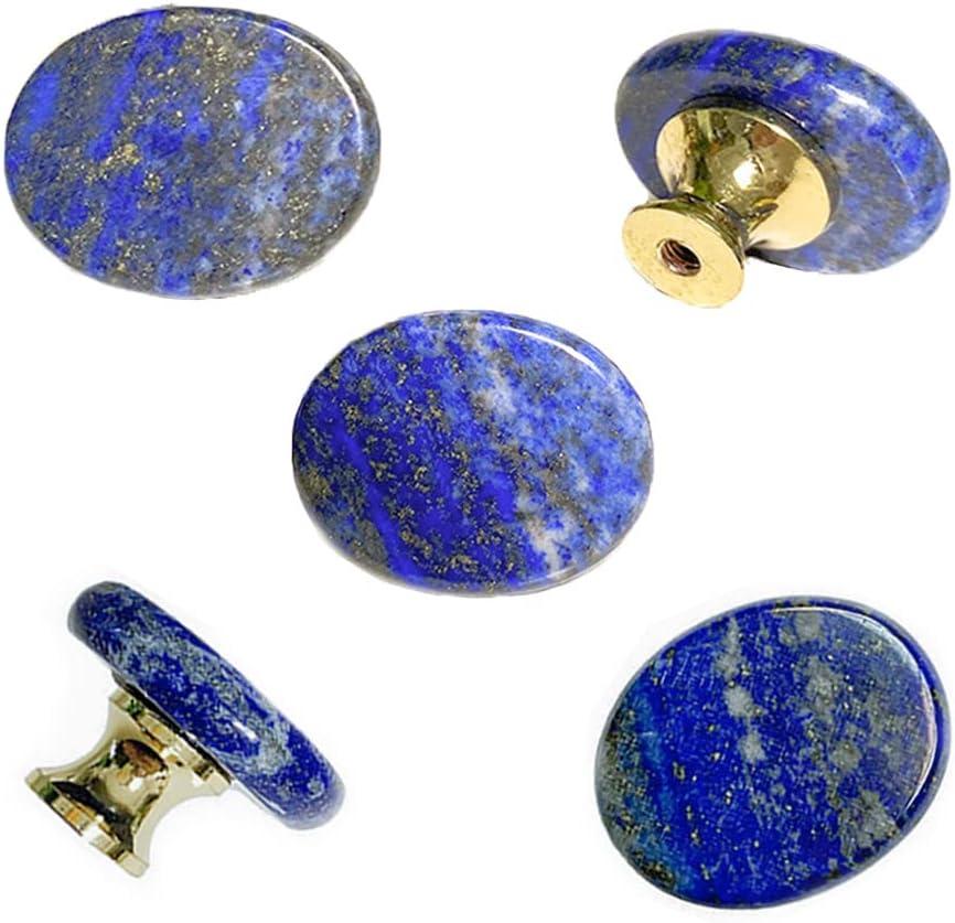 5Pcs Natural Lapis Lazuli Knobs Cabinet Stone Knob Cupboard Pulls Lazuli Drawers Handles for Furniture Hardware Brass Knob Dresser Door Cyan Blue (Lapis) (One Peace Missing)