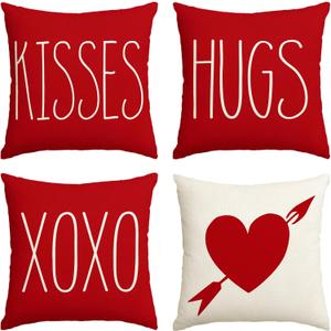 AVOIN Valentine's Day Saying Throw Pillow Cover, 16 x 16 Inch Holiday Kisses Hugs XOXO Love Heart Arrow Anniversary Wedding Cushion Case Decoration for Sofa Couch Set of 4 (Red)