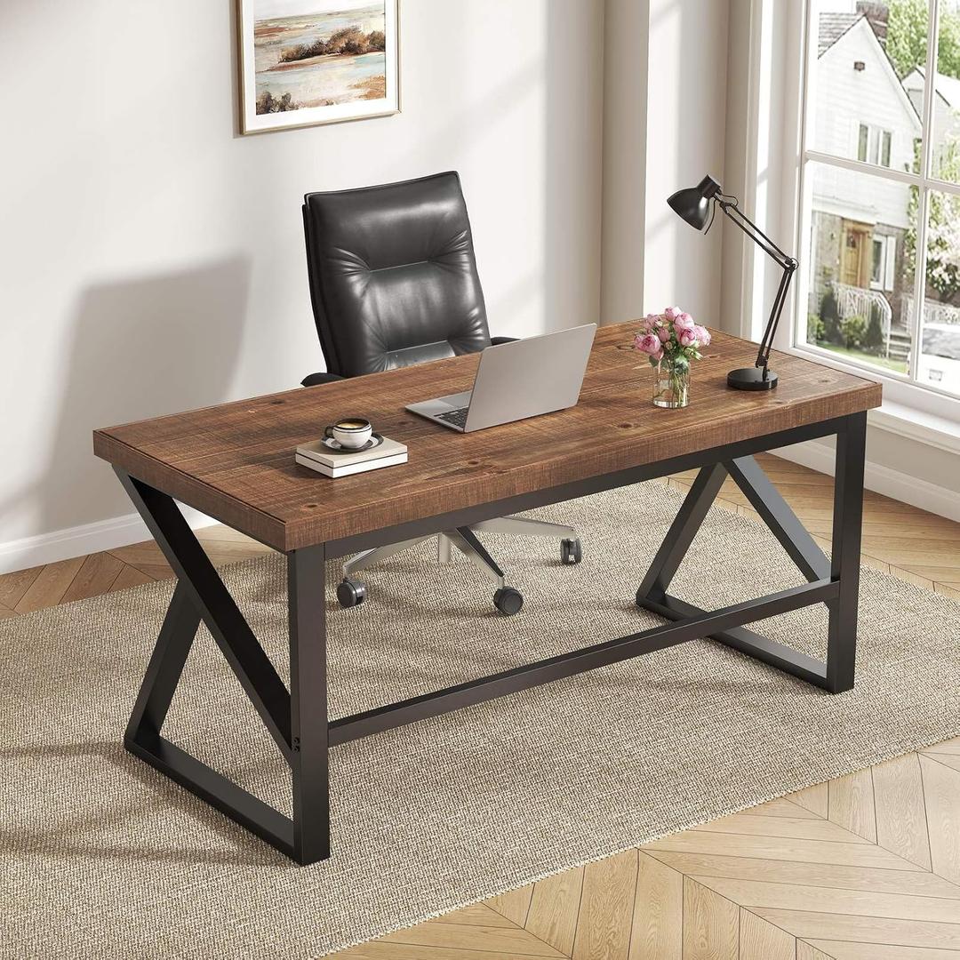 IBF Solid Real Wood Desk, Minimalist 47in Natural Wood Computer Desk, Rustic Desk for Home Office Writing Study, Vintage Industrial Wooden PC Gaming Workstation Computer Table, Brown