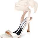 Coutgo Womens Strappy Kitten Heels Sandals Lace Up Square Open Toe High Heels Satin Summer Dress Shoes
 Size 7 Champagne