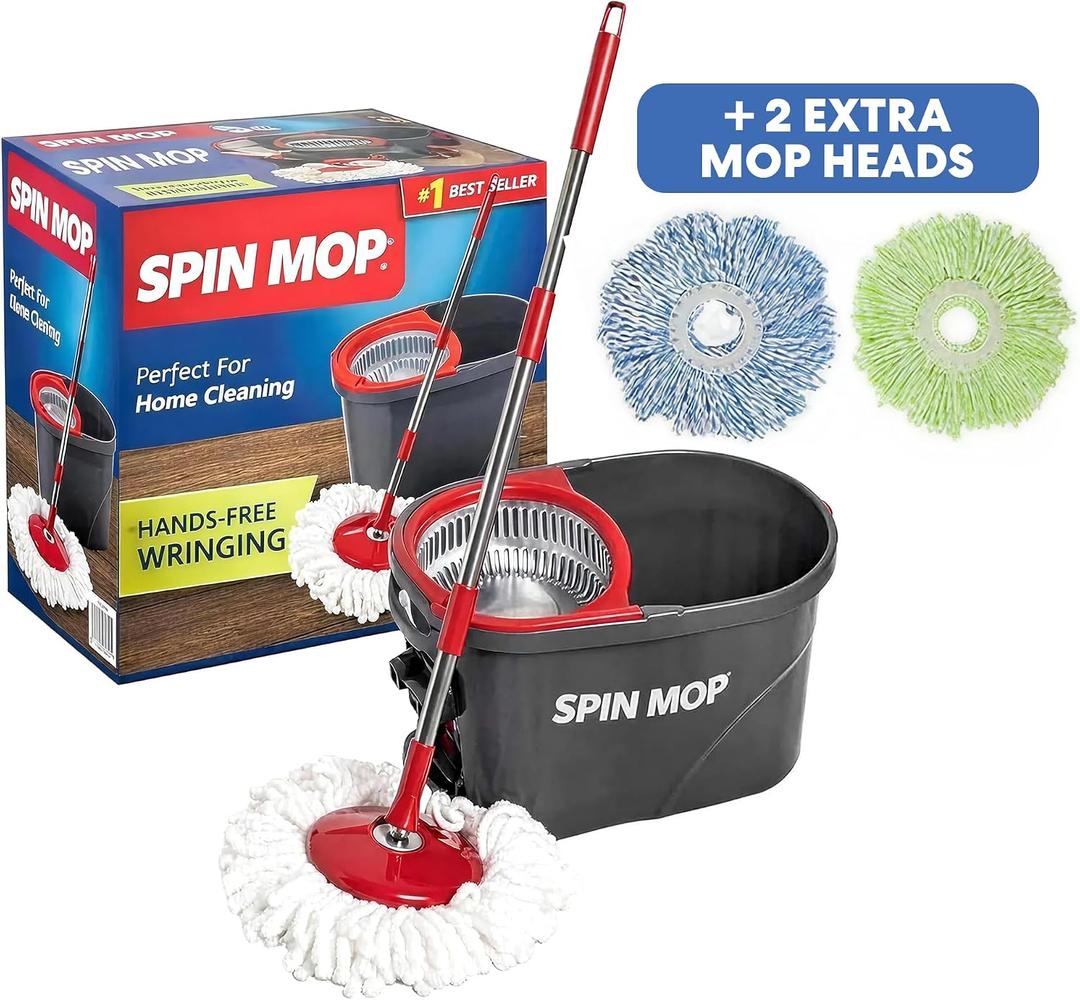 Simpli-Magic 79349 Spin Mop Cleaning System with 3 Microfiber Mop Heads, Red/GRAY,Red/Black