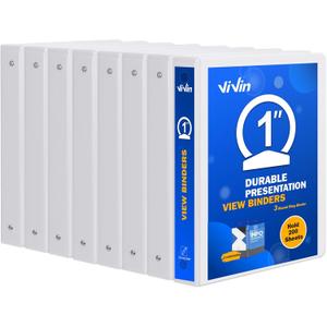 3 Ring Binder 1 Inch, ViVin Sturdy 1"-Round Ring Binder with 2 Interior Pockets, Clear View Cover, PVC-Free, Fits 200 Sheets of 8.5'' x 11'' Paper, Office Home School (8 Pack, White)