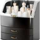Makeup Organizer Countertop Vanity with Transparent Lid Drawers Waterproof Dustproof Cosmetic Skincare Bathroom Storage Gift for Women Teens Girls (Black)