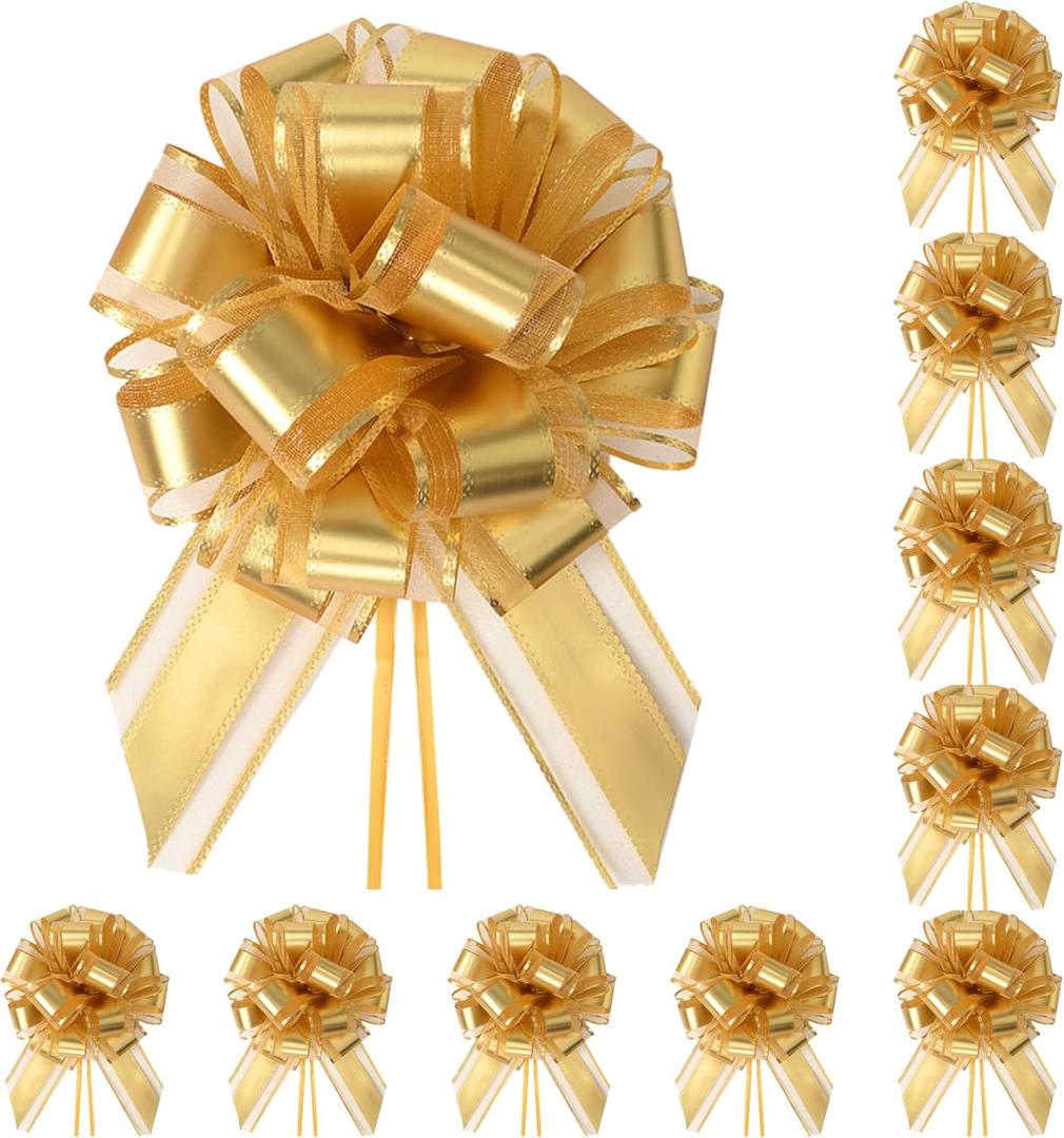 10-Pack Metallic Gold Pull Bows for Gift Wrapping - 6 Inch Reusable Ribbon Bows, Large Instant Floral Decor Bows for Wedding, Christmas, Birthday Decor, Gift Basket & Party Decorations