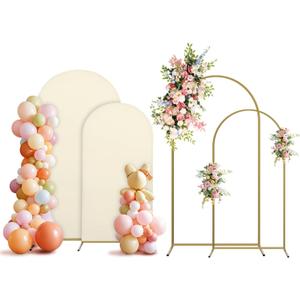 Arch Backdrop Stand and Cover Set, 2 Metal Balloon Arch Backdrop 7.2ft 6ft, Gold Arched Stand Frame for Wedding, Parties,Birthday, Backdrop Decorations (Beige,7.2ft+6ft)