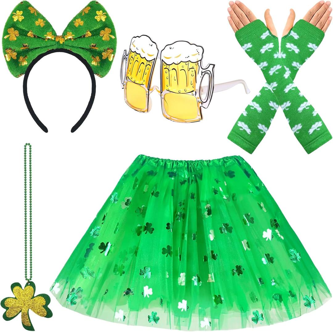 Kvitra St. Patrick's Day Costume Accessories Set for Women, Green Shamrock Tutu Skirt Headband Glitter Glasses Clover Necklaces Long Finger Gloves Blowouts, Saint Patricks Day Suit