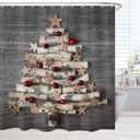 BROSHAN Christmas Tree Shower Curtain,Rustic Fabric Christmas Shower Curtains for Bathroom Winter Holiday Farmhouse Bathroom Decor Shower Curtain Set with Hooks, 78 inches Long