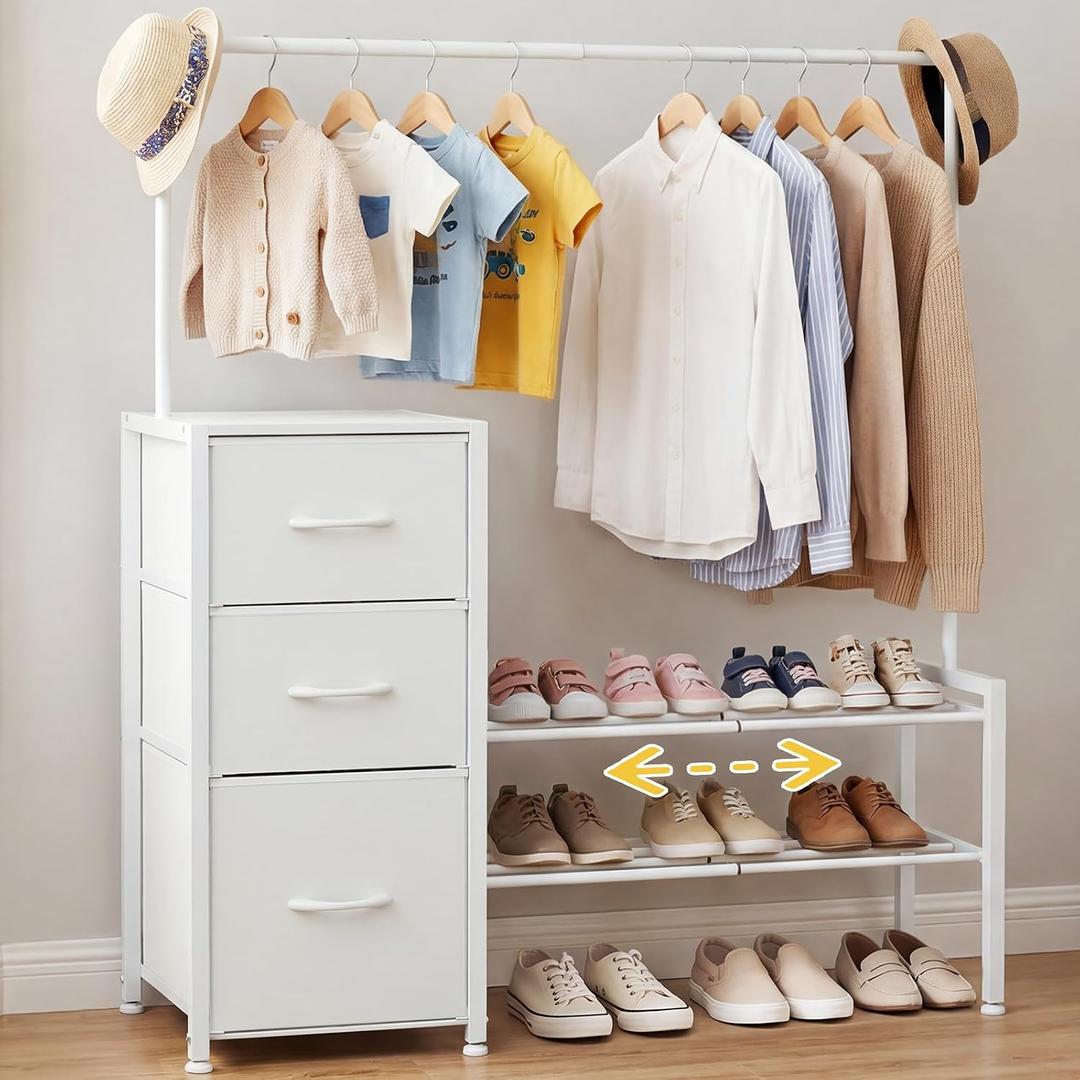 Tall Closet Organizer Dresser 47.2" H x 39.7" WKids Dressers for Bedroom,with Extendable Clothes Hanging Rack & Shoe Rack3 Fabric Drawers Chest of Drawers,Bedroom, Living Room