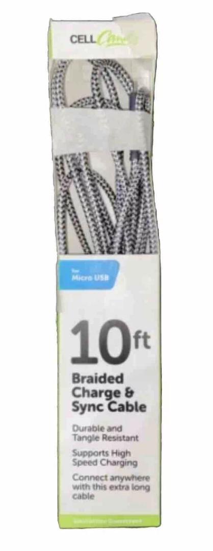 Cell Candy - Braided Charge & Charge Sync Cable - Micro-USB - 10 Foot - Silver 