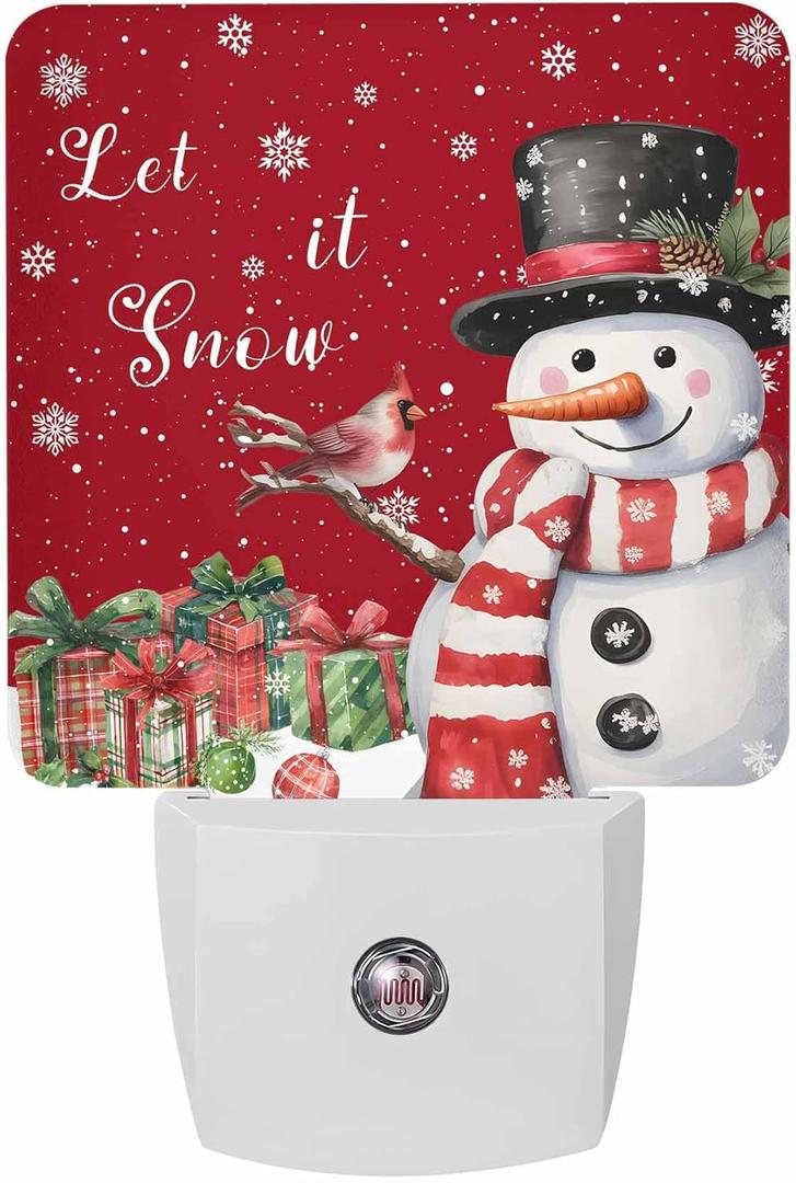 Christmas Night Lights Plug into Wall, Let It Snow Snowman and Bird Red Plug in Night Light with Dusk-to-Dawn Light Sensor, Automatic Dimmable LED Nightlight for Bathroom, Hallway, Kitchen, Stairway (3 in W x 4.5 in D x 2 in H)