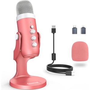 ZealSound Gaming USB Pink Microphone with Quick Mute for Phone, Computer PC PS5, Studio Mic with Gain Control, Echo&Monitor Volume Adjust for Streaming, Vocal Recording ASMR Podcast Video K66