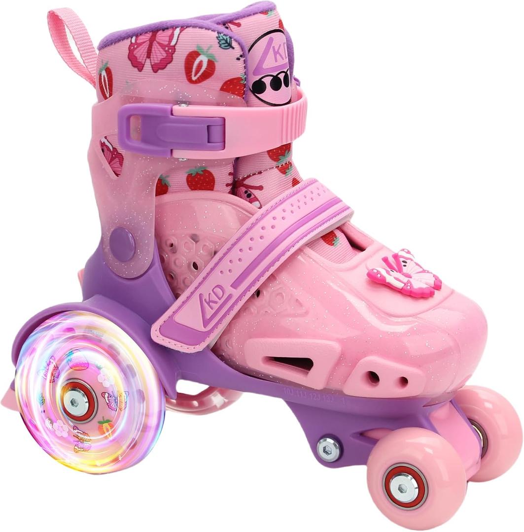 LKD Adjustable Kids Roller Skates for Boys Girls,Beginner Quad Skates,Indoor Outdoor Sports for Ages 3-5 (Pink)