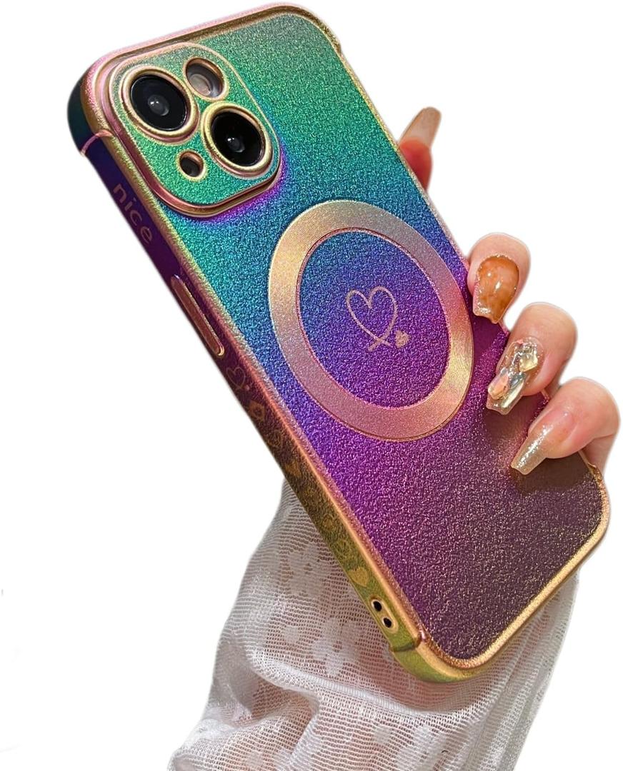 ZTOFERA Magnetic Case for iPhone 15 Plus Case 6.7",Cute Luxury Iridescent Case with Love Hearts Pattern, Plating Edge Camera Lens Protection Shockproof Phone Case for Women Girls, Violet
