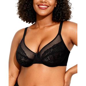 OEAK Womens Minimizer Bras Underwire Full Coverage Bra Plus Size Unlined Lace Bralette Lifting Tshirt Bras for Large Breast (38DD, Black)