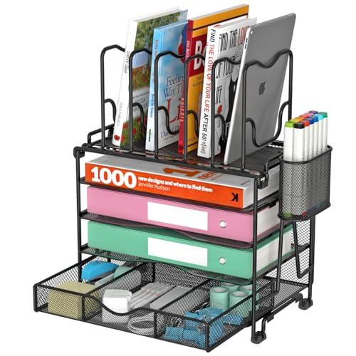 BOHDK Mesh Desk Organizer, 3-IN-1 Desktop Organizer with 4 Tier Tray and 5 Upright Sections, File Organizer for Desk with Sliding Drawer, Black