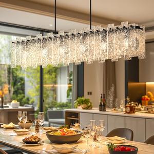 4FT Long Chandelier for Dining Room - Black Dining Room Light Fixture Linear Crystal Design with Water Ripple Glass & Large Rectangle & 6pcs MAX 60W E26 Bulbs(Not Include),42pcs Glass Sheet (Up and Down (Two sides))