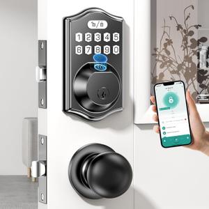 Keypad Deadbolt Front Door: 0.3s AI Fingerprint&100 Passcodes15min DIY Install|Auto-Lock Weatherproof Keyless Entry Smart Electronic Door Lock with Handle Set for Kids&Seniors