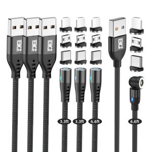 Magnetic Charging Cable 4 Pack- (6.6ft/6.6ft/3.3ft/3.3ft) 360 3-in-1 Magnetic USB C Charging Cable | LED Light Nylon Braided Magnetic Cable for i-Products & Android with Micro USB & USB Type C