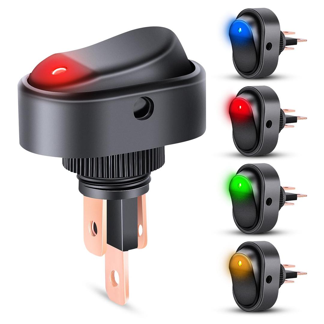 Nilight 5PCS LED Lighted Rocker Switch 12V Illuminated ON Off Toggle Switches 30A 3Pin SPST Oval Shaped 12mm Hole Red Yellow Blue Green for Car Truck RV Motorcycles Marine Boats
