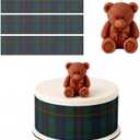 MTLEE 3 Pcs Tartan Plaid Bear Baby Shower Cake Border Strips with Teddy Bear Candle Set Green Blue Tartan Plaids Cardboard Cake Wraps for Baby Shower Birthday Party Decorations Supplies