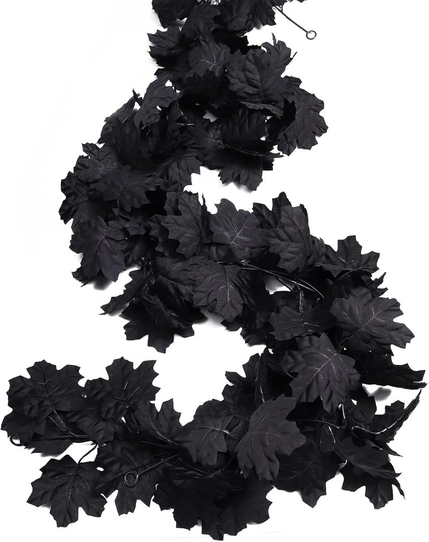 RECUTMS Fall Maple Leaf Garland Hanging Black Fall Leaves Vine Artificial Autumn Garland Halloween Thanksgiving Decor for Home (Black)