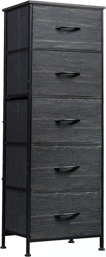 WLIVE Fabric Dresser, 5-Drawer Tall Dressers for Bedroom, Storage Dresser Organizer with Wood Top, Sturdy Steel Frame, Chest of Drawers for Closet, Hallway, Charcoal Black Wood Grain Print