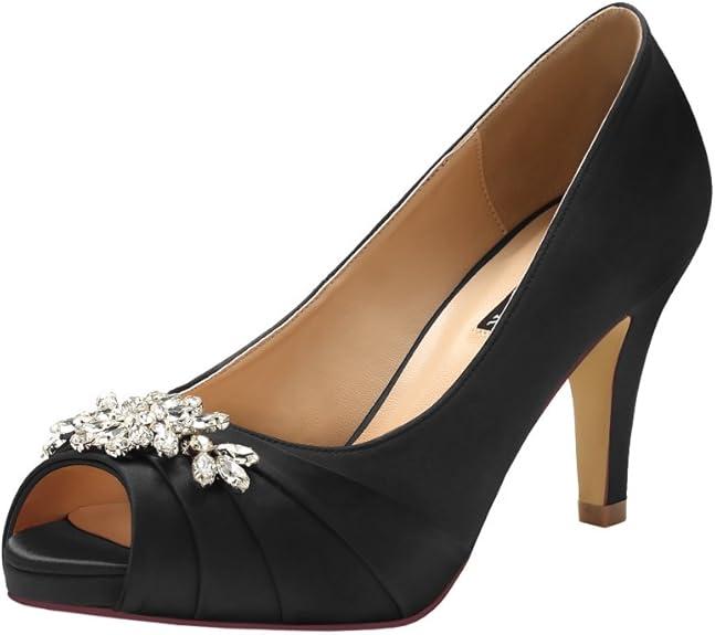 ERIJUNOR E0055 Peep Toe Mid Heels for Woman Rhinestones Satin Evening Prom Wedding Shoes Black, Size: 7.5