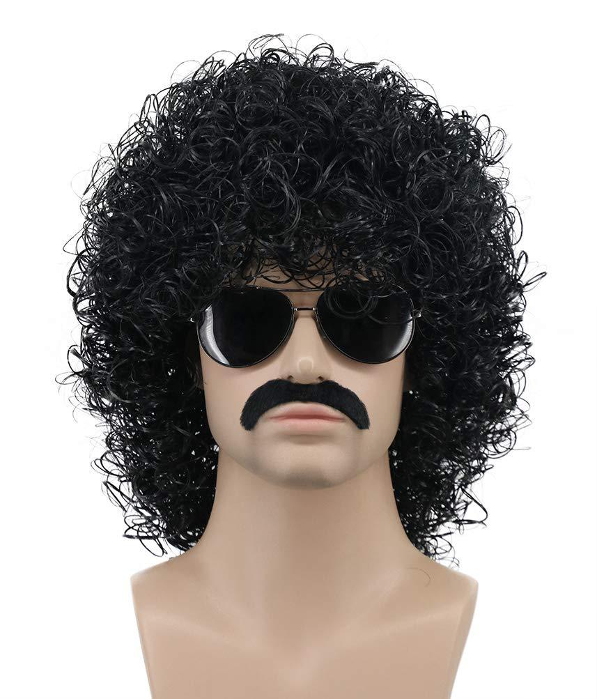 Karlery Mens Short Curly Black Mustache Beard Afro Wig California Rocker Disco Halloween Cosplay Anime Costume Party Wig (Black)