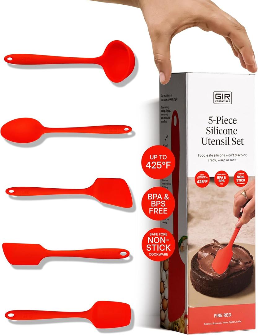 GIR: Get It Right 5-Piece Silicone Essentials Kitchen Utensils Set - Ladle, Spatula, Flip, Spoon & Spoonula - Non-Toxic Cooking Utensils for Nonstick Cookware, Cooking and Baking - Fire Red