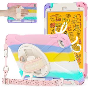 BRAECNstock Kids Case for Apple iPad mini 5/4 7.9" 2019/2015, Shockproof Protective with Pencil Holder, Rotating Hand Strap & Stand, Shoulder Strap, Case for iPad mini 5th/4th Gen, Colorful Pink