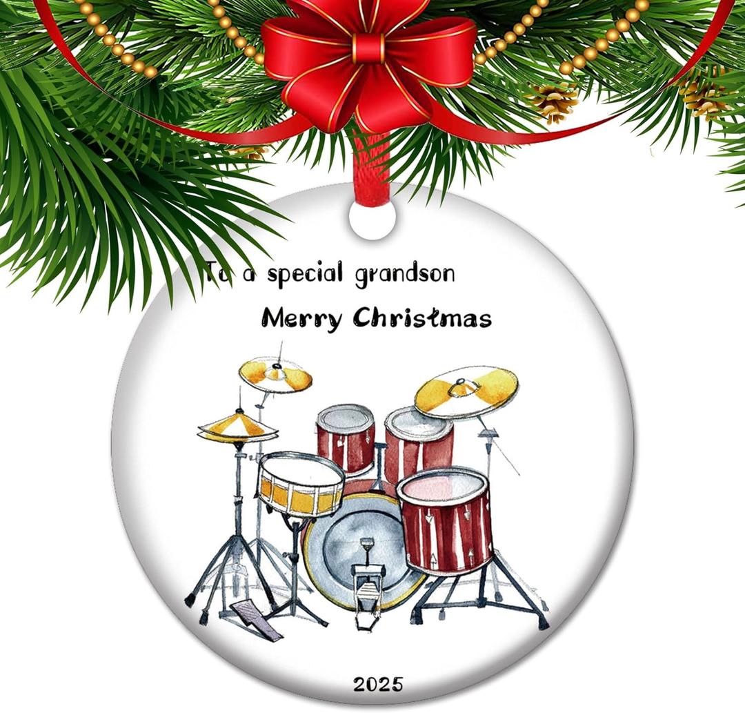 Drum Set Lover Ornament - Heartfelt for Grandson from Grandparents | Ceramic Keepsake for Musician Grandkids | Sentimental Decor from Grandpa & Grandma (V10)