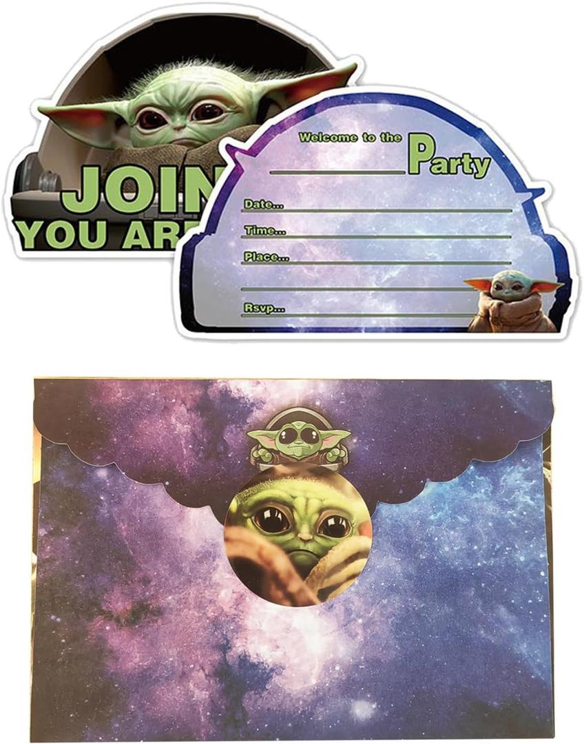 24 Pcs Yoda Birthday Party Decorations Invitations, Cartoon Birthday Party Invitations Celebration with 24 Envelopes And 24 Stickers Party Decorations Supplies For Fans