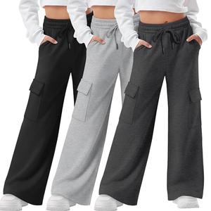 LessonZoo 3 Pack Girls Cargo Sweatpants Kids Wide Leg High Waist Drawstring Pants Casual Baggy Athletic Trousers XL (Dark Gray, Light Gray, Black,Large)
