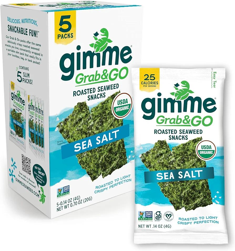 Gimme Seaweed Grab & Go Organic Premium Roasted Seaweed Snacks, Sea Salt, 5 Count Trayless, Keto, Vegan, Gluten-Free, Great Source of Omega3s and Iodine, Healthy On-The-Go Snack for Kids and Adults Pack Of 6, BB Date 07/28/2025