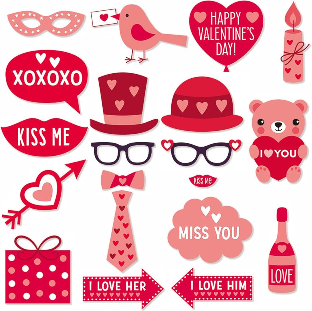 Valentines Day Photo Booth Props, 20 Pcs Valentine's Day Romantic Decorations Selfie Photography Props with Wooden Sticks for Wedding DIY Funny Photoshoot Party Supplies