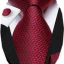 Dubulle Mens Paisley Floral Silk Tie for Men Striped Necktie and Pocket Square Cufflinks Set Wedding Business (Black and Red)