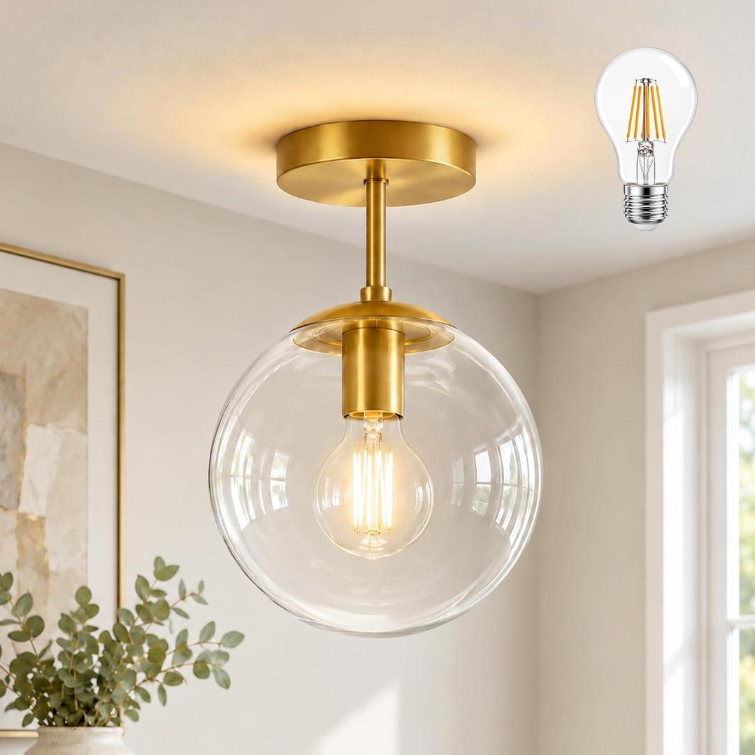 8 Inch Gold Semi Flush Mount Ceiling Light Fixture Clear Glass Globe Ceiling Light Fixture Modern Hallway Light Fixtures Mid Century Ceiling Light Brass Finish for Entryway Bedroom (Bulb Incl.), D8" * H14"