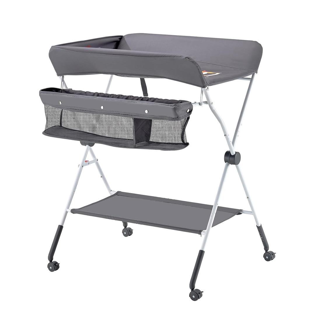 VEVOR Baby Changing Table, Foldable Diaper Change Station with Side Basket, Adjustable Height Changing Table with Lockable Wheels, Multi-Functional Nursery Storage Organizer, Dark Gray