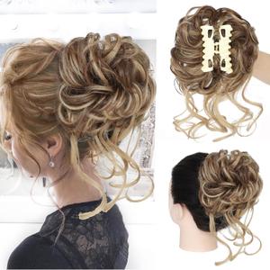 Messy Bun Hair Piece Claw Clip Curly Wavy Faux Hair Bun Tousled Updo Hair Extensions Scrunchie Long Beard Chignon Buns Hair pieces for Women(Brown Mix Natural Blonde) (10 Inch)