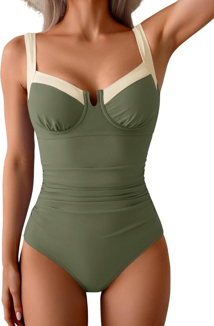 B2prity Women's Underwire One Piece Swimsuits Tummy Control Bathing Suits Push Up Swim Suit Color Block Swimwear (Large, Army Green, White)