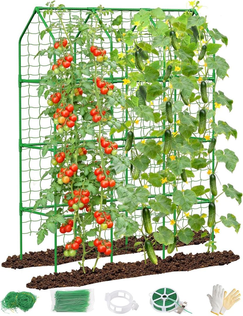 Cucumber Trellis with Grow Bag for Raised Bed, Garden Trellis for Climbing Plants Outdoor (67 * 17 * 65inch(L*W*H), Trellis)